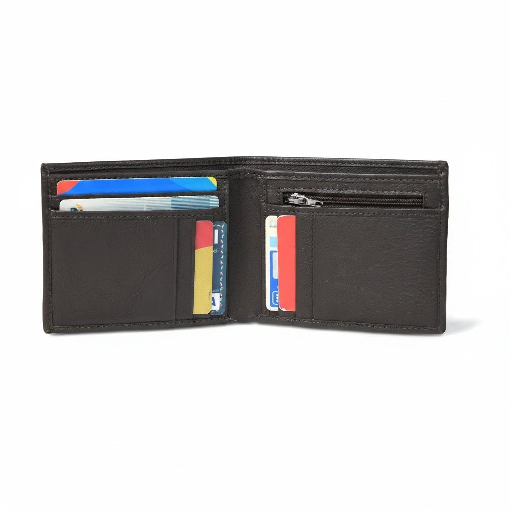 STAN Voltro Mens Slim Leather Wallet Open Charcoal Brown