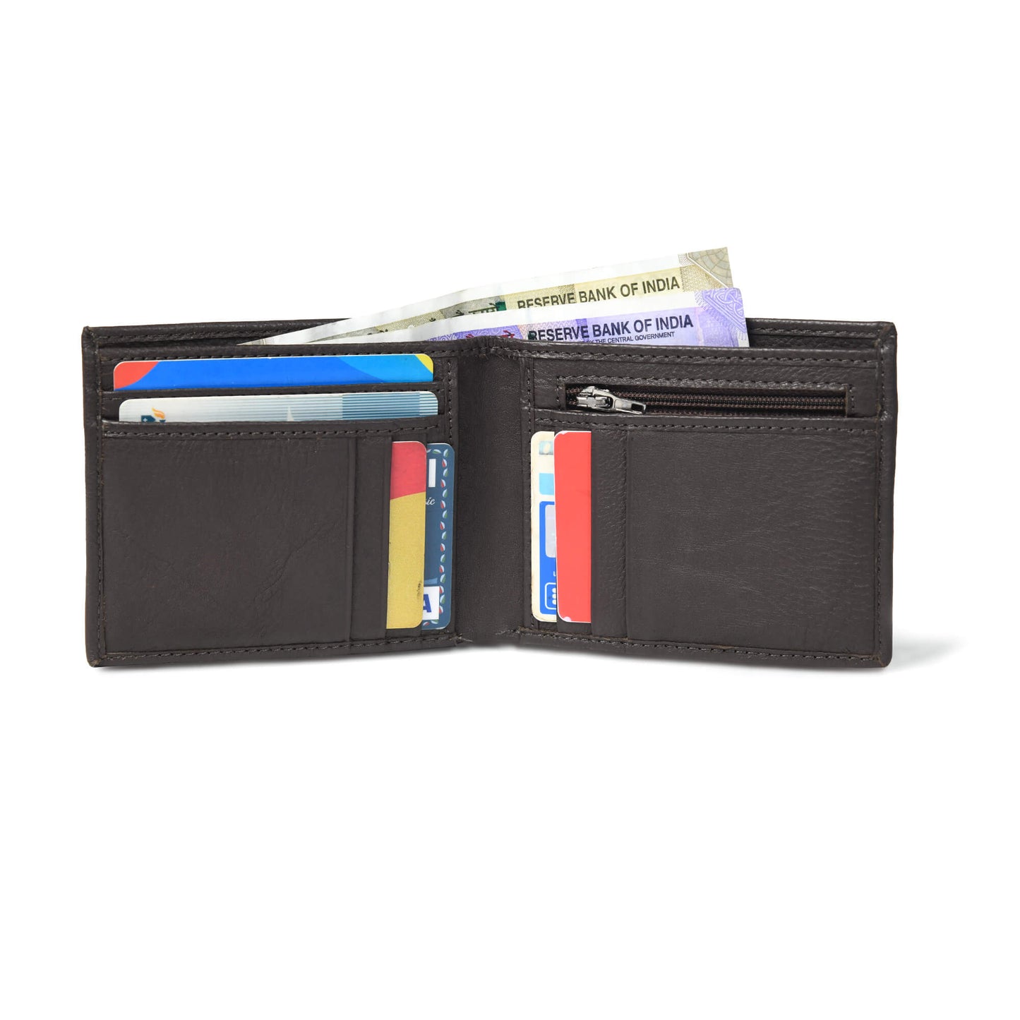 STAN Voltro Mens Slim Leather Wallet Open with Cash Charcoal Brown