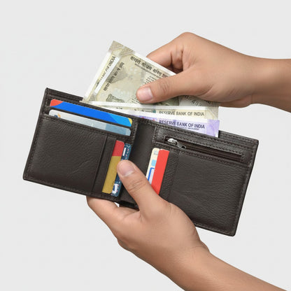 STAN Voltro Mens Slim Leather Wallet Open with Cash in hand Charcoal Brown