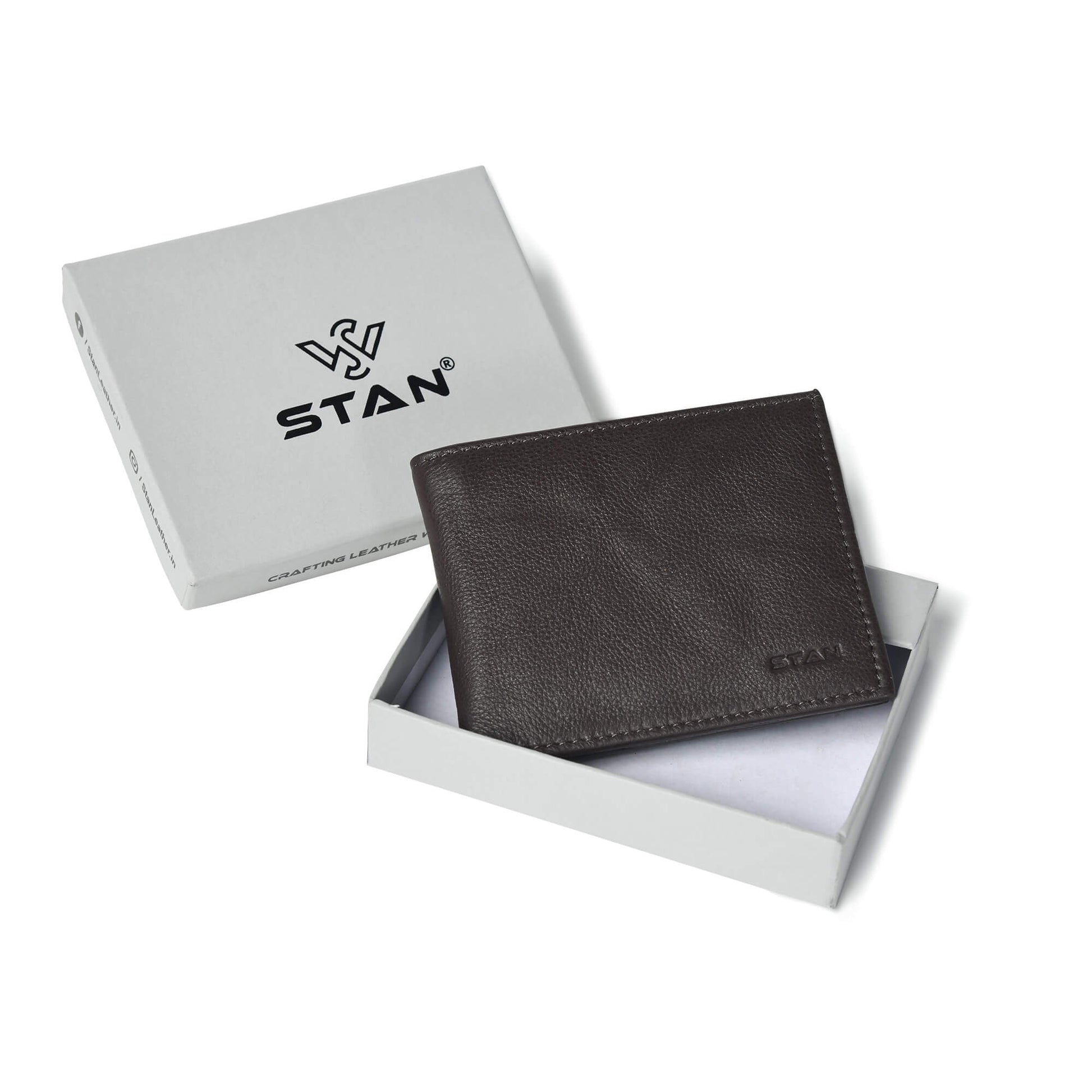 STAN Voltro Mens Slim Leather Wallet with Box Charcoal Brown