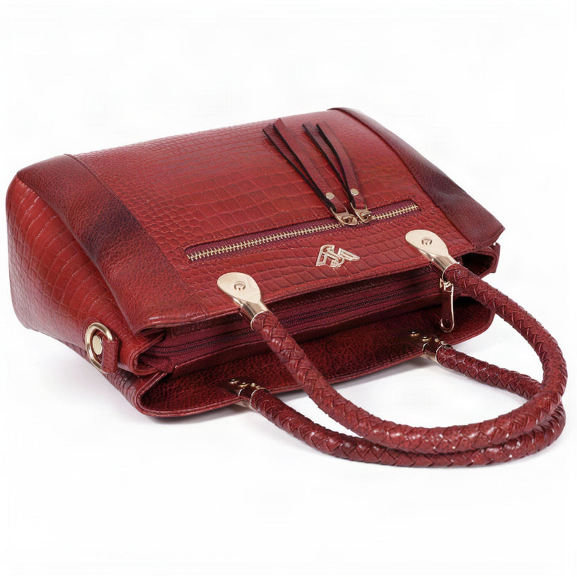 Savina Croco-Pebble Leather Handbag Bag Flat Brick Red