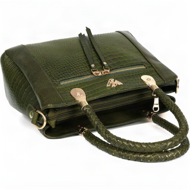 Savina Croco-Pebble Leather Handbag Bag Flat Camouflage Green