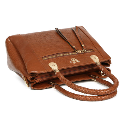 Savina Croco-Pebble Leather Handbag Bag Flat Chestnut Brown