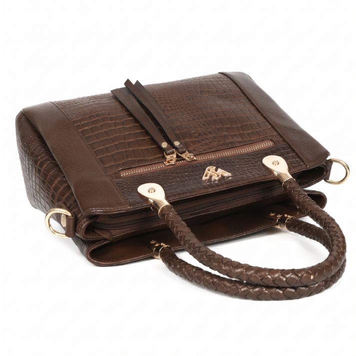 Savina Croco-Pebble Leather Handbag Bag Flat  Dark Walnut