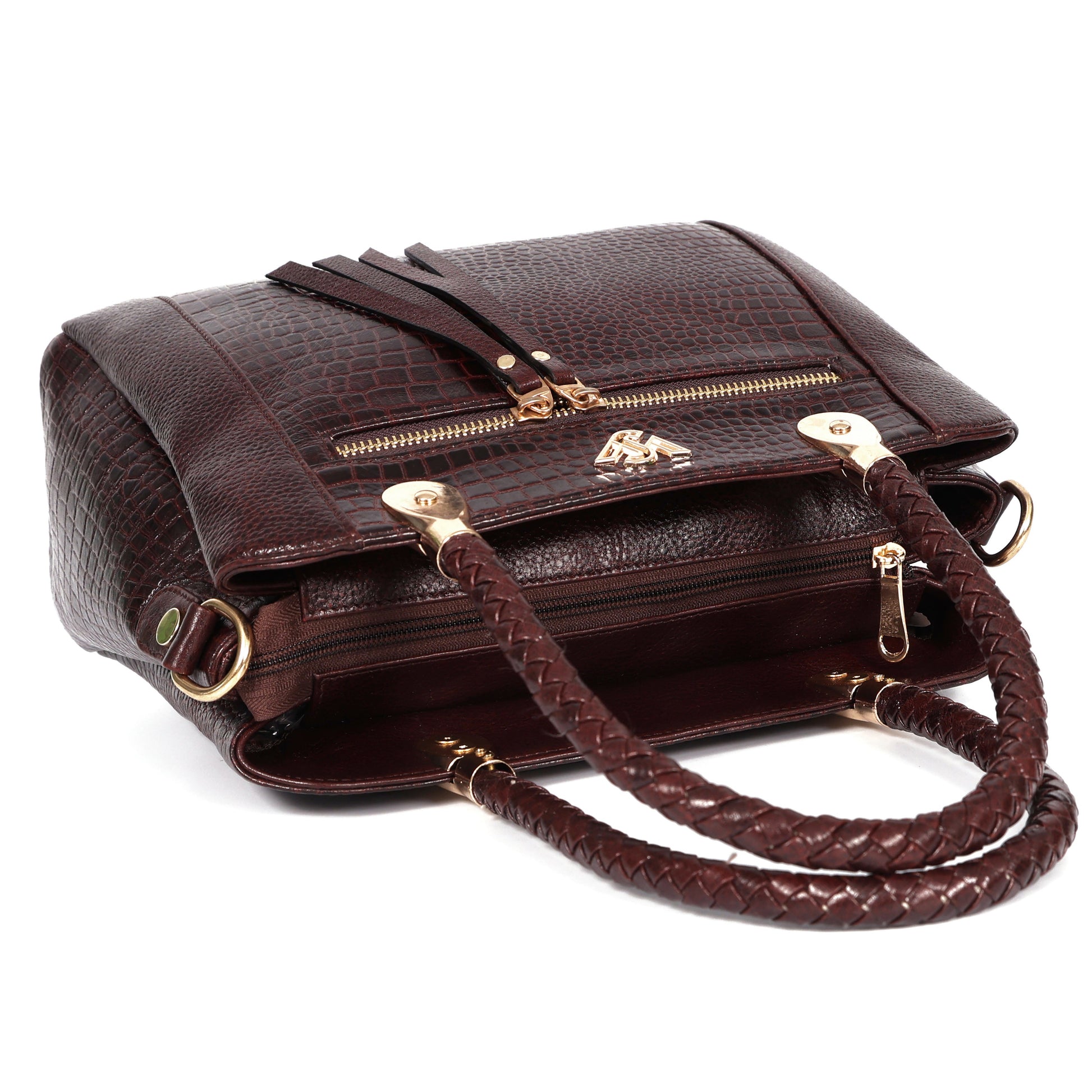 Savina Croco-Pebble Leather Handbag Bag Flat Oxblood Brown