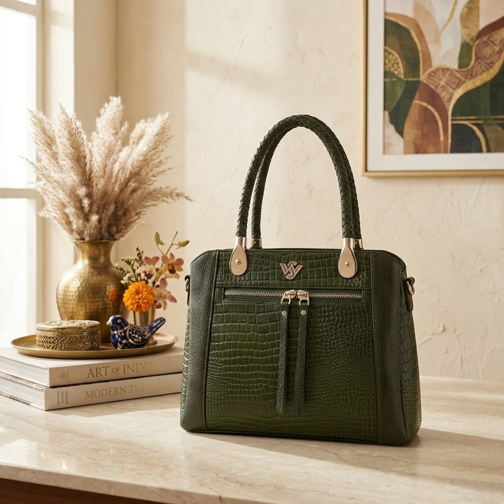 Savina Croco-Pebble Leather Handbag Bag Lifestyle Camouflage Green