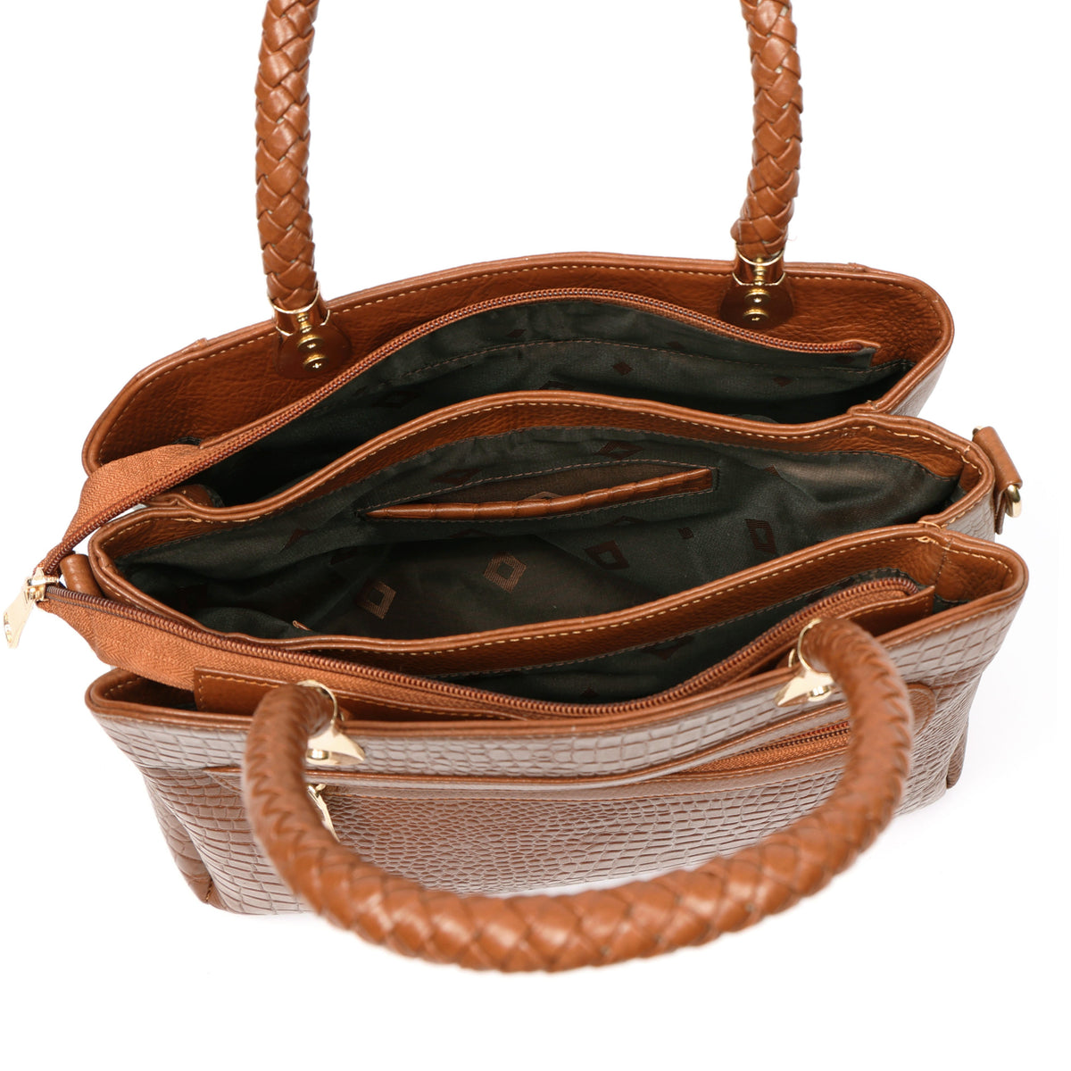 Savina Croco-Pebble Leather Handbag Bag Open Chestnut Brown