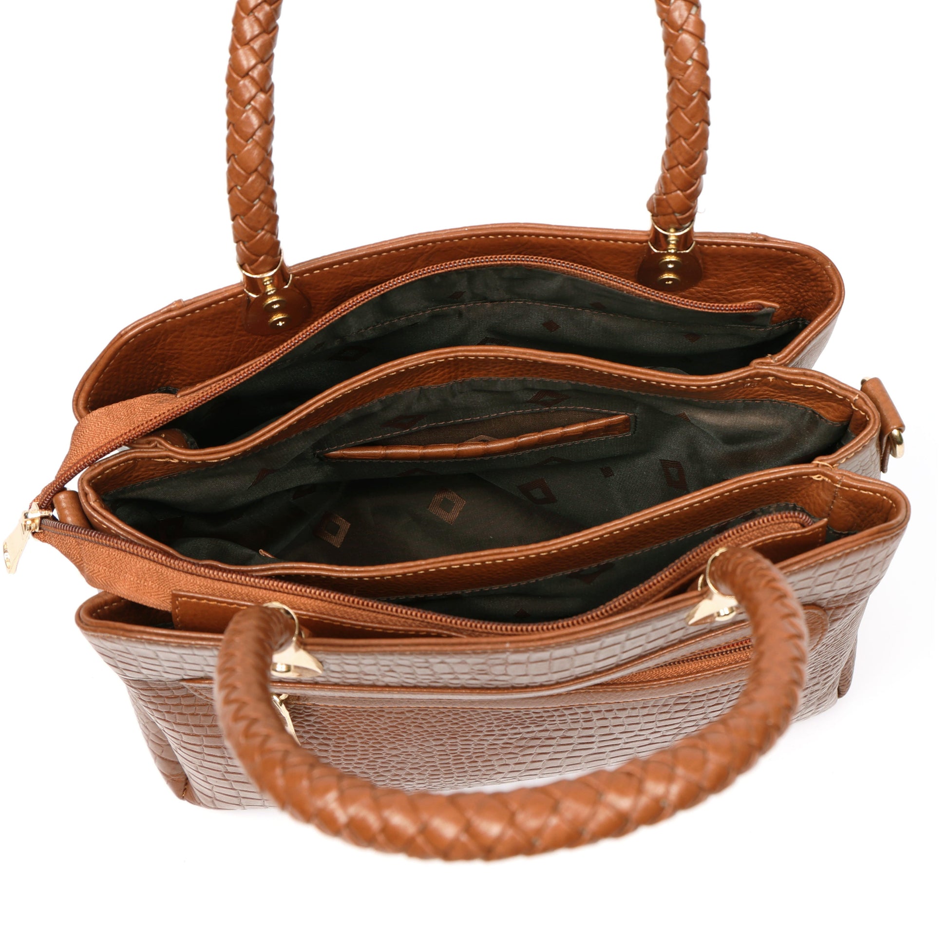 Savina Croco-Pebble Leather Handbag Bag Open Chestnut Brown