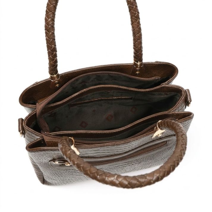 Savina Croco-Pebble Leather Handbag Bag Open Dark Walnut