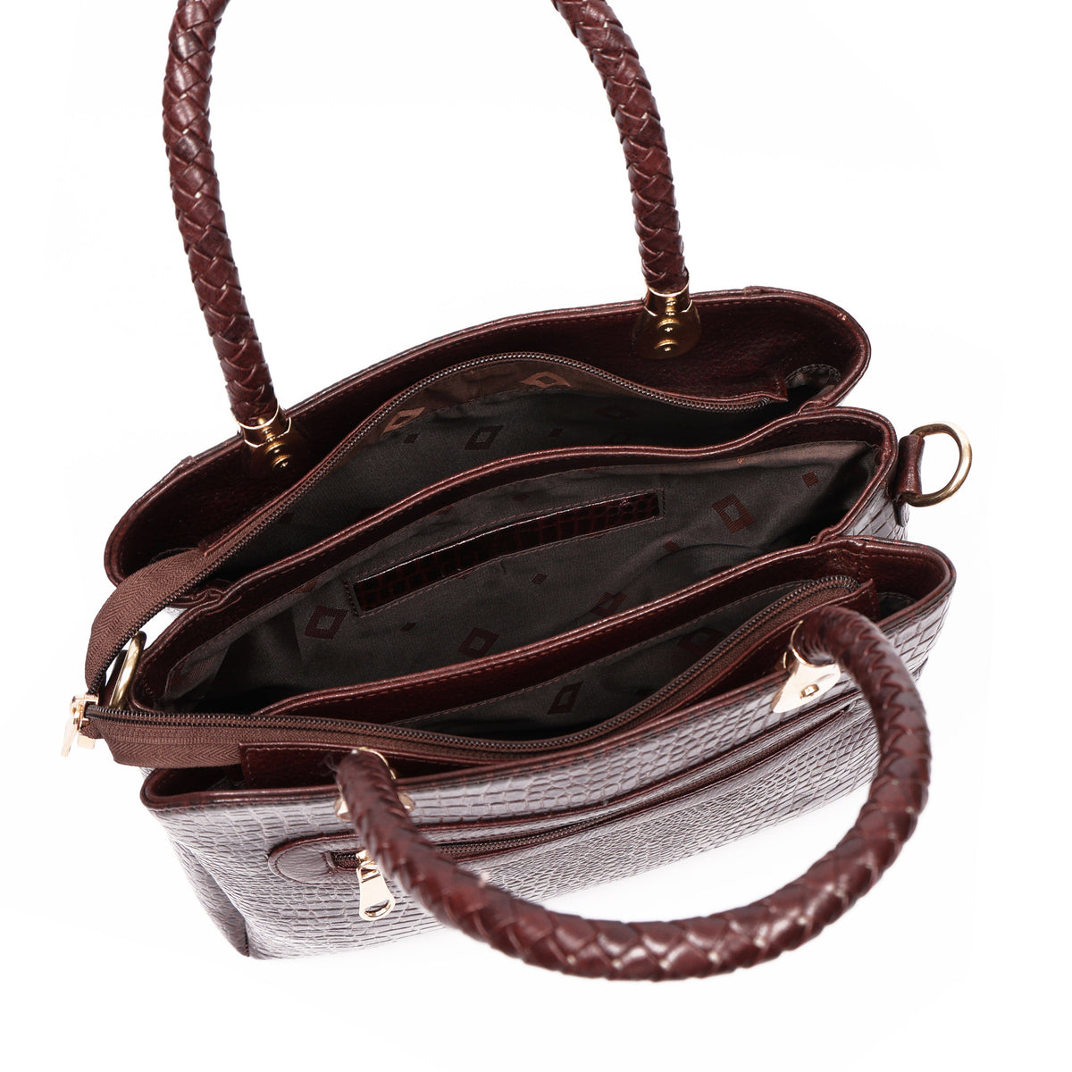 Savina Croco-Pebble Leather Handbag Bag Open Oxblood Brown