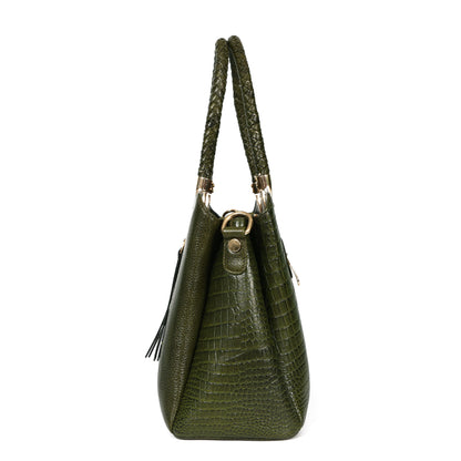 Savina Croco-Pebble Leather Handbag Bag Side Camouflage Green