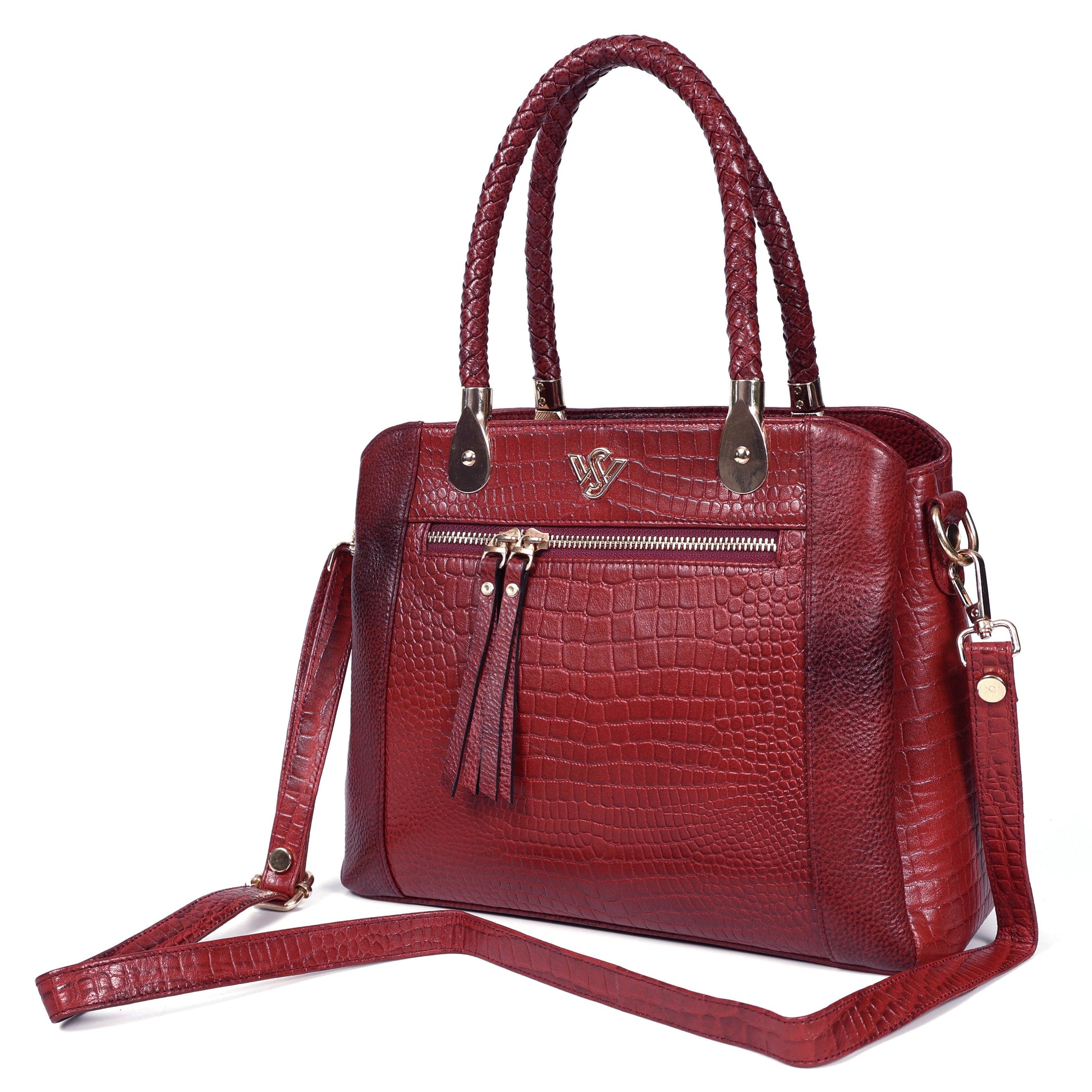 Savina Croco-Pebble Leather Handbag Bag Strap Brick Red