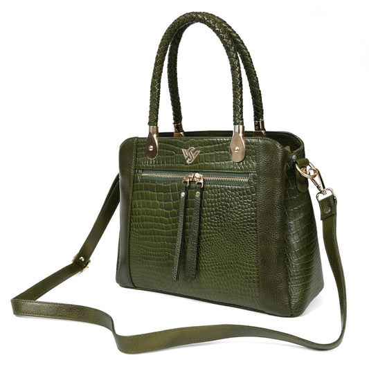 Savina Croco-Pebble Leather Handbag Bag Strap Camouflage Green