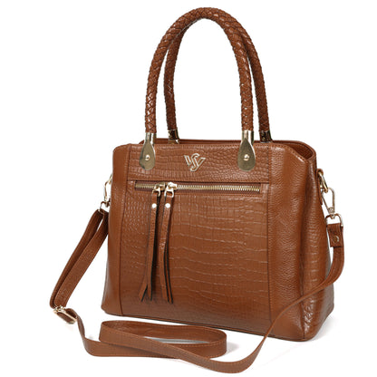 Savina Croco-Pebble Leather Handbag Bag Strap Chestnut Brown