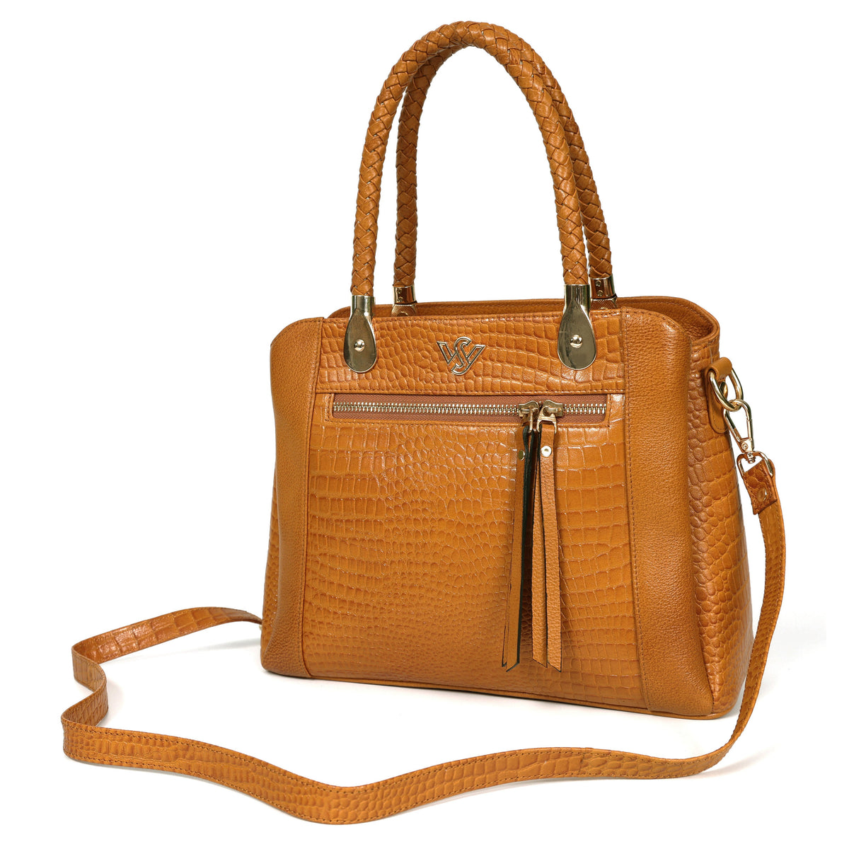Savina Croco-Pebble Leather Handbag Bag Strap Cognac