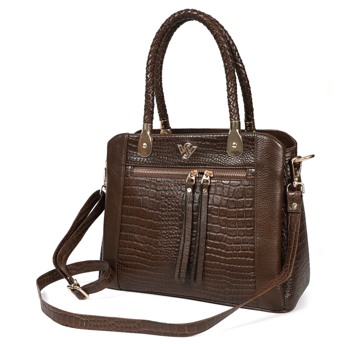 Savina Croco-Pebble Leather Handbag Bag Strap Dark Walnut