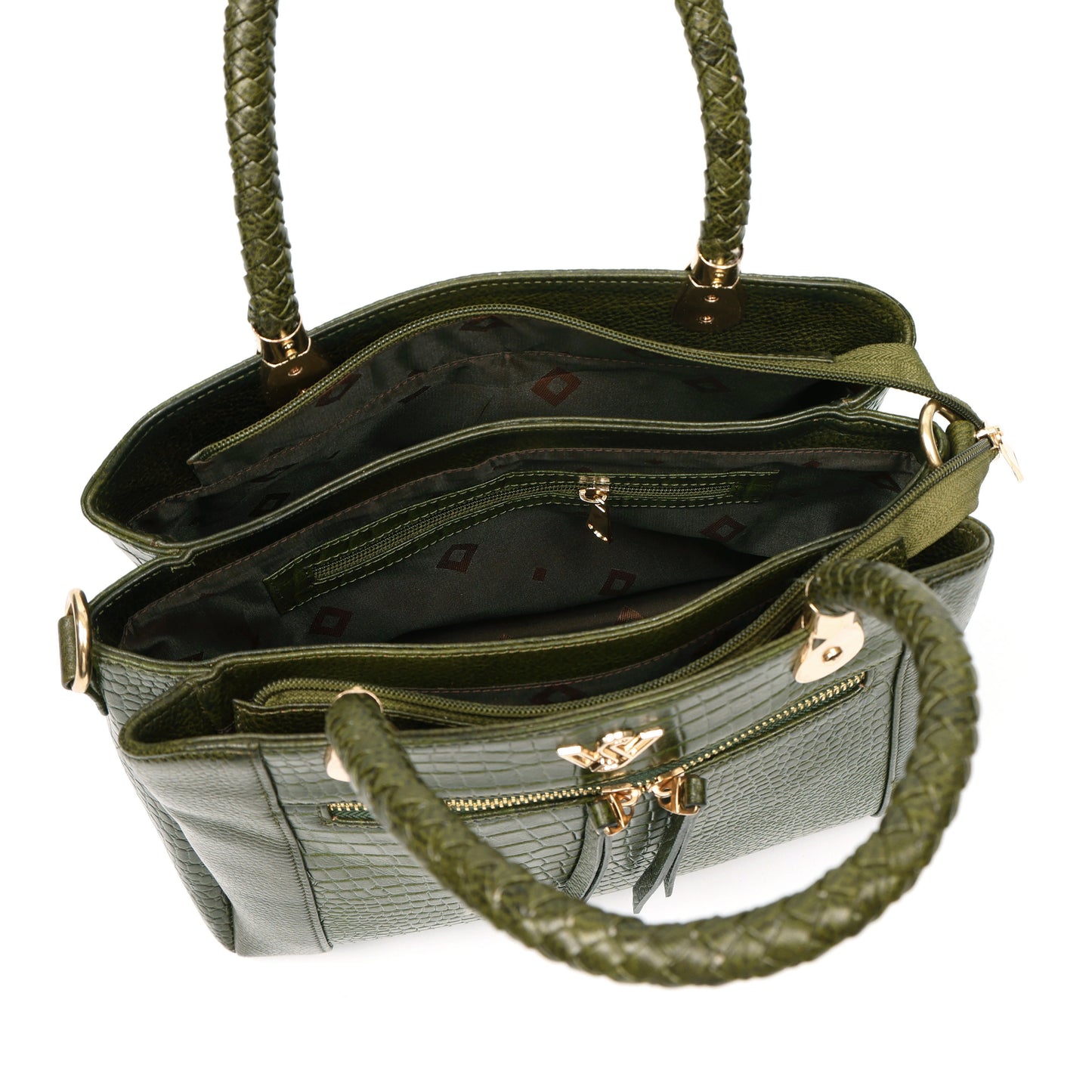 Savina Croco-Pebble Leather Handbag Bag Zipper Camouflage Green