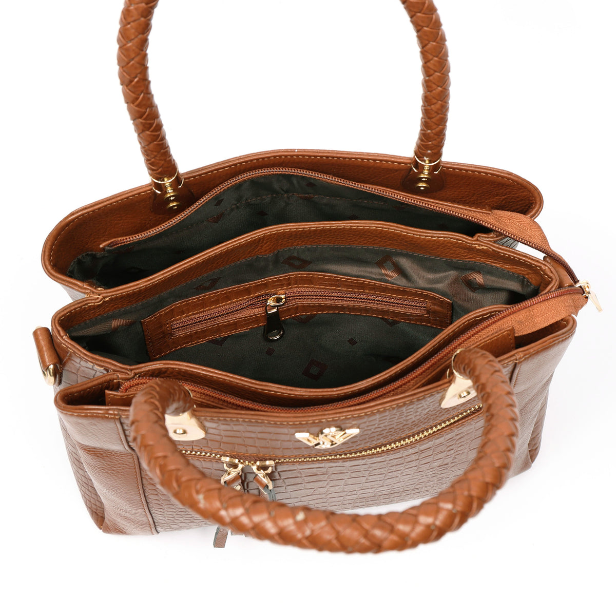 Savina Croco-Pebble Leather Handbag Bag Zipper Chestnut Brown