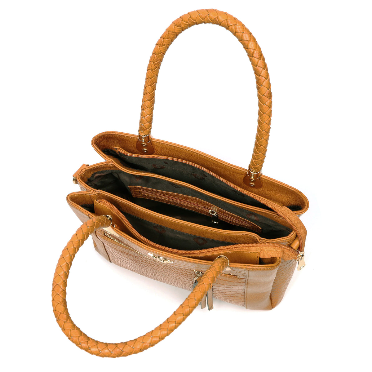 Savina Croco-Pebble Leather Handbag Bag Zipper Cognac