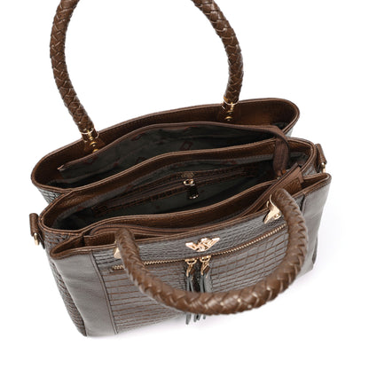 Savina Croco-Pebble Leather Handbag Bag Zipper Dark Walnut
