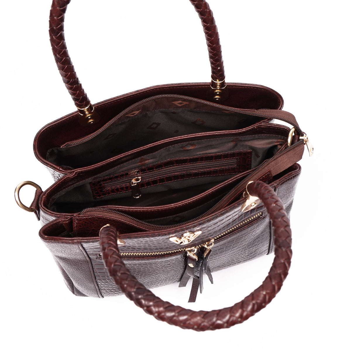 Savina Croco-Pebble Leather Handbag Bag Zipper Oxblood Brown