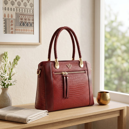Savina Croco-Pebble Leather Handbag Bag with Lifestyle Brick Red