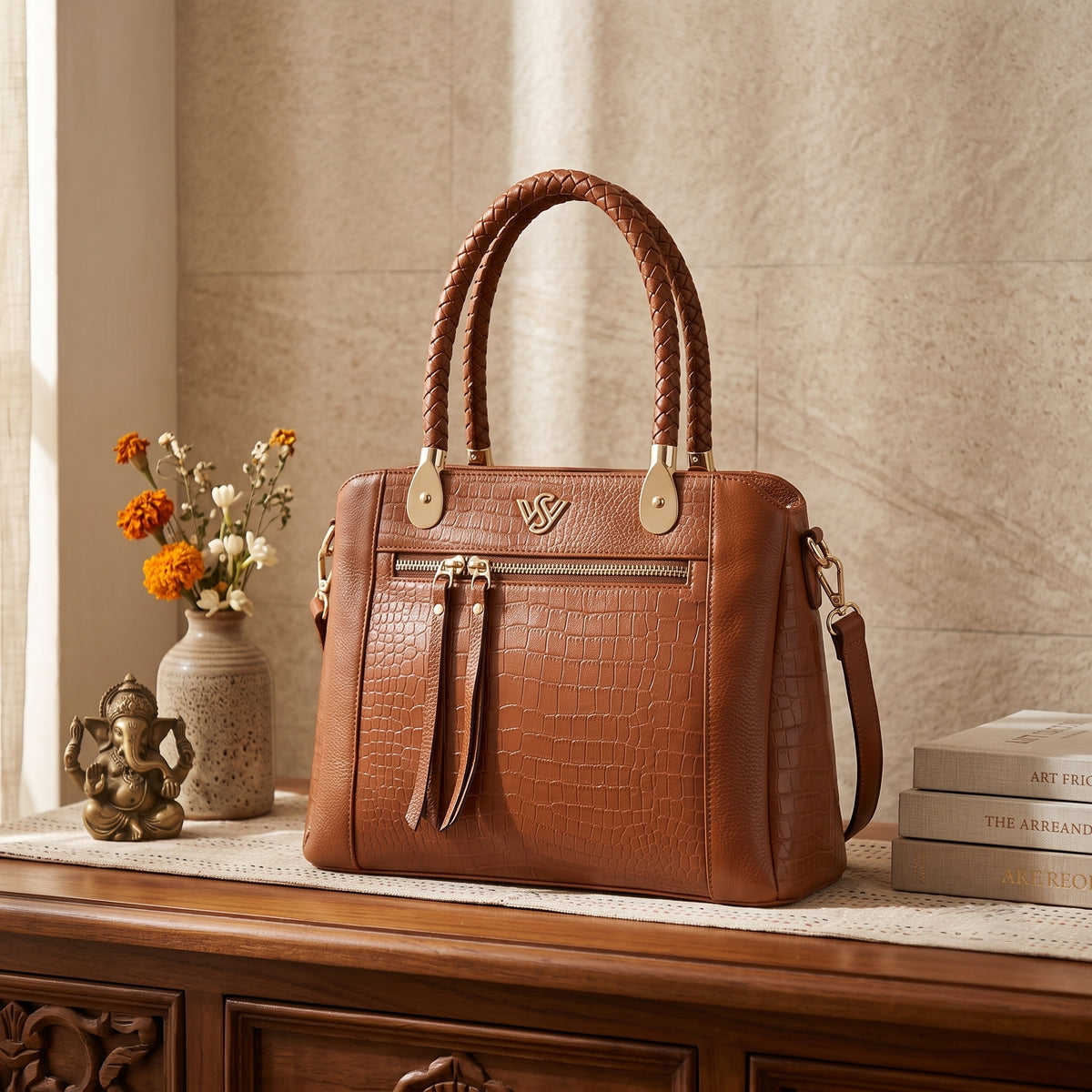 Savina Croco-Pebble Leather Handbag Bag with Lifestyle Chestnut Brown