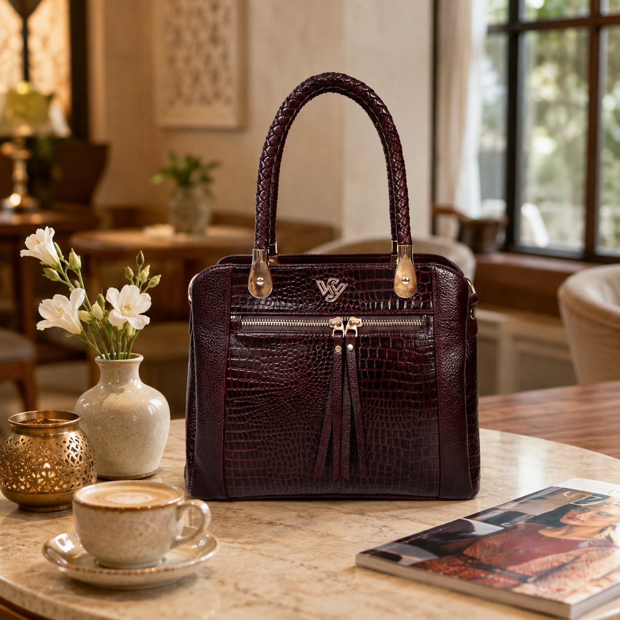 Savina Croco-Pebble Leather Handbag Bag with Lifestyle Oxblood Brown