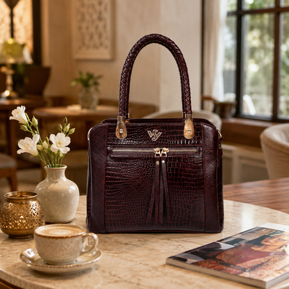 Savina Croco-Pebble Leather Handbag Bag with Lifestyle Oxblood Brown