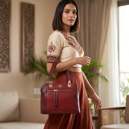 Savina Croco-Pebble Leather Handbag Bag with Model Brick Red