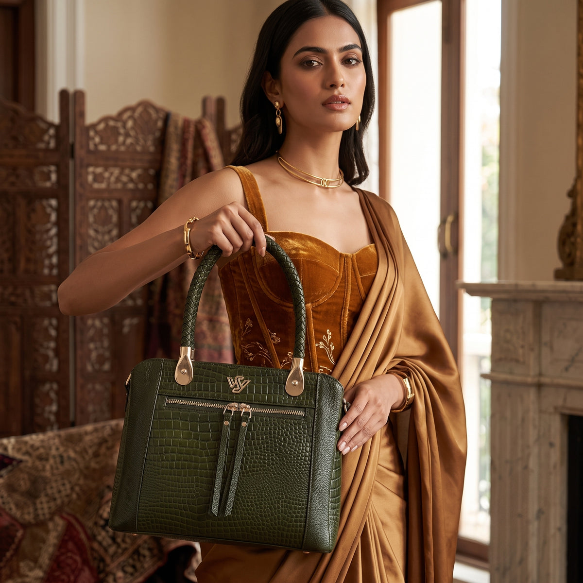 Savina Croco-Pebble Leather Handbag Bag with Model Camouflage Green