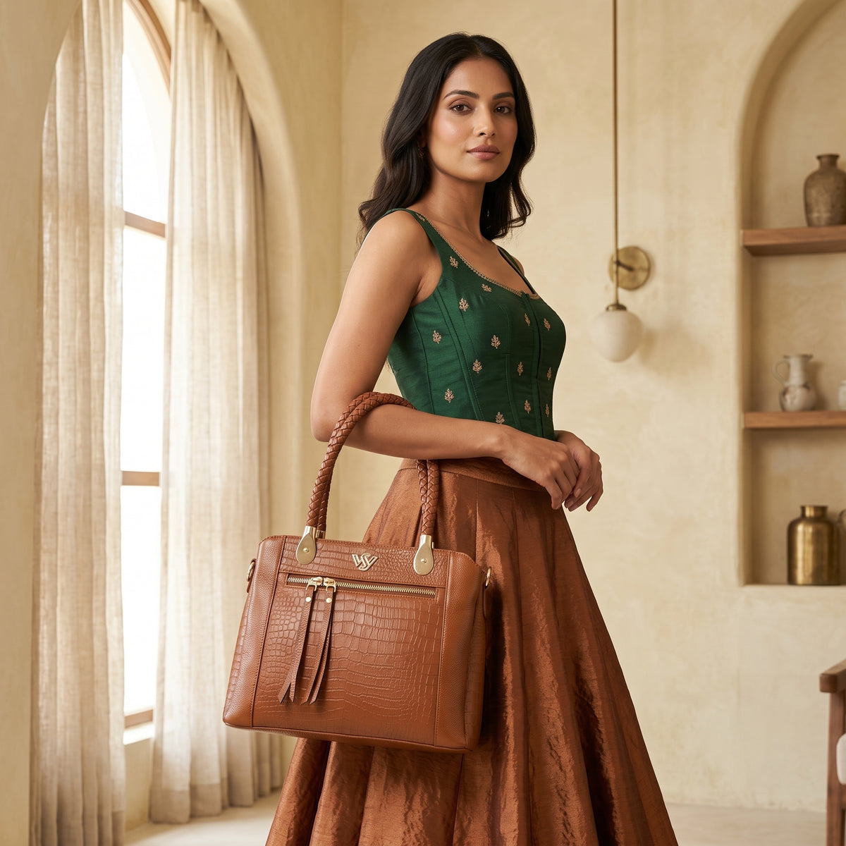 Savina Croco-Pebble Leather Handbag Bag with Model Chestnut Brown