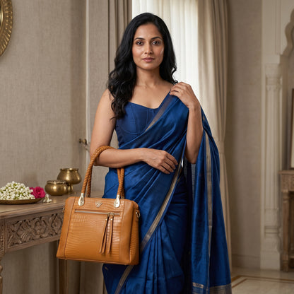 Savina Croco-Pebble Leather Handbag Bag with Model Cognac