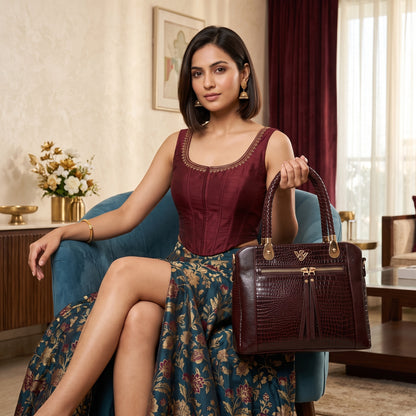 Savina Croco-Pebble Leather Handbag Bag with Model Oxblood Brown
