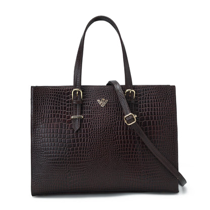 Sienna Croc Embossed Leather Womens Laptop Tote Front Hero Oxblood Brown