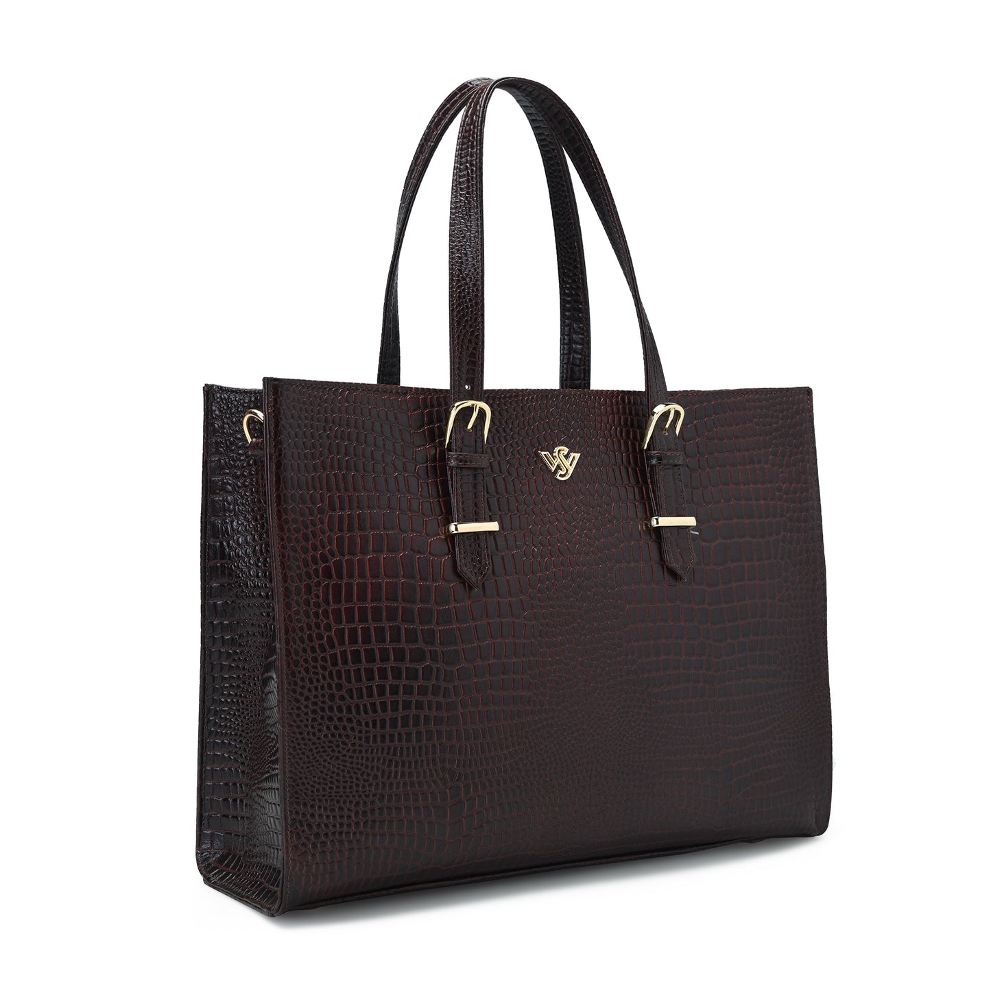 Sienna Croc Embossed Leather Womens Laptop Tote Front Side View Oxblood Brown