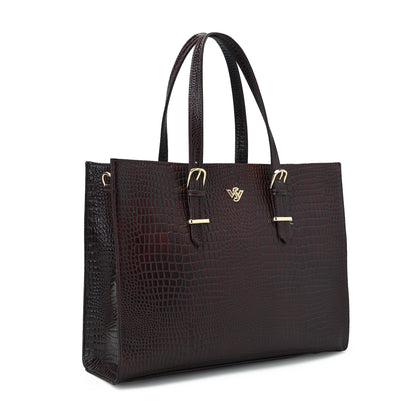 Sienna Croc Embossed Leather Womens Laptop Tote Front Side View Oxblood Brown