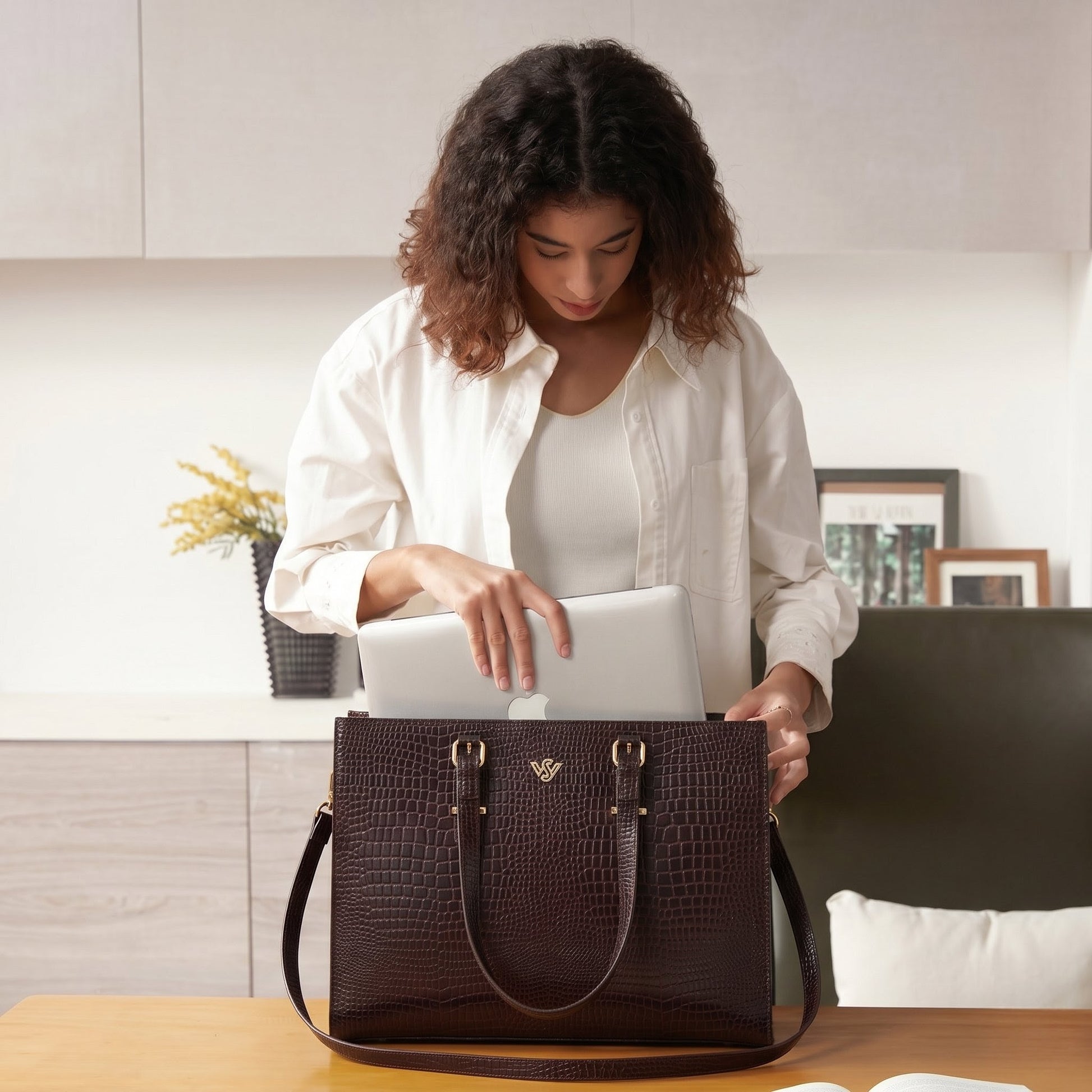 Sienna Croc Embossed Leather Womens Laptop Tote keeping laptop Oxblood Brown