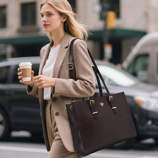Sienna Croc Embossed Leather Womens Laptop Tote model carrying on shoulder walking Oxblood Brown