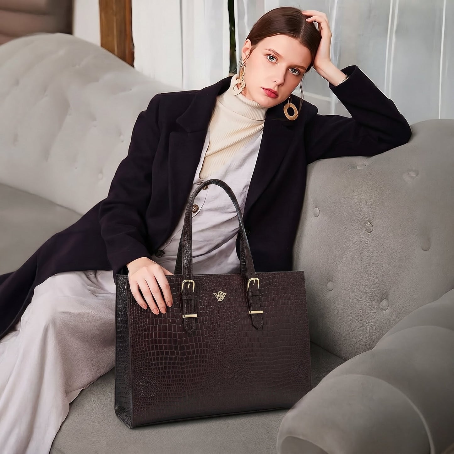 Sienna Croc Embossed Leather Womens Laptop Tote sitting on sofa Oxblood Brown