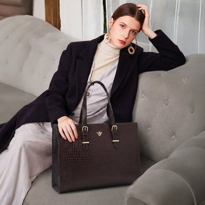 Sienna Croc Embossed Leather Womens Laptop Tote sitting on sofa Oxblood Brown