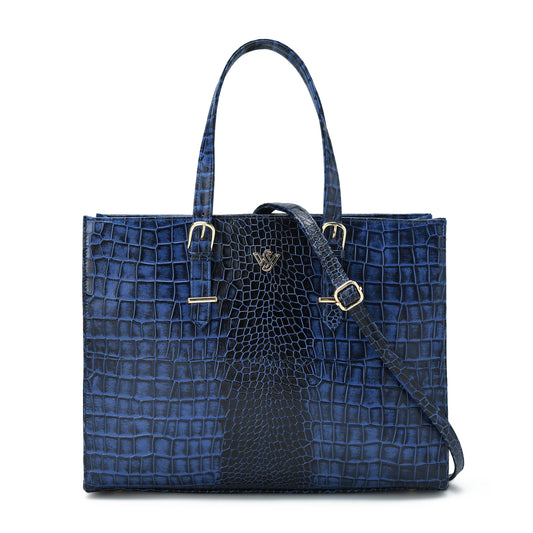 Sienna Elite Croc Hand-Burnished Leather Women Laptop Tote Front Hero Steel Blue