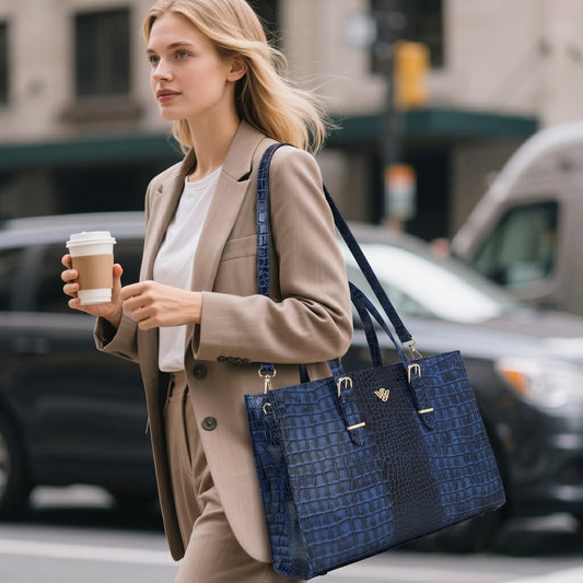 Sienna Elite Croc Hand-Burnished Leather Women Laptop Tote Model Carrying on Shoulder Walking Steel Blue