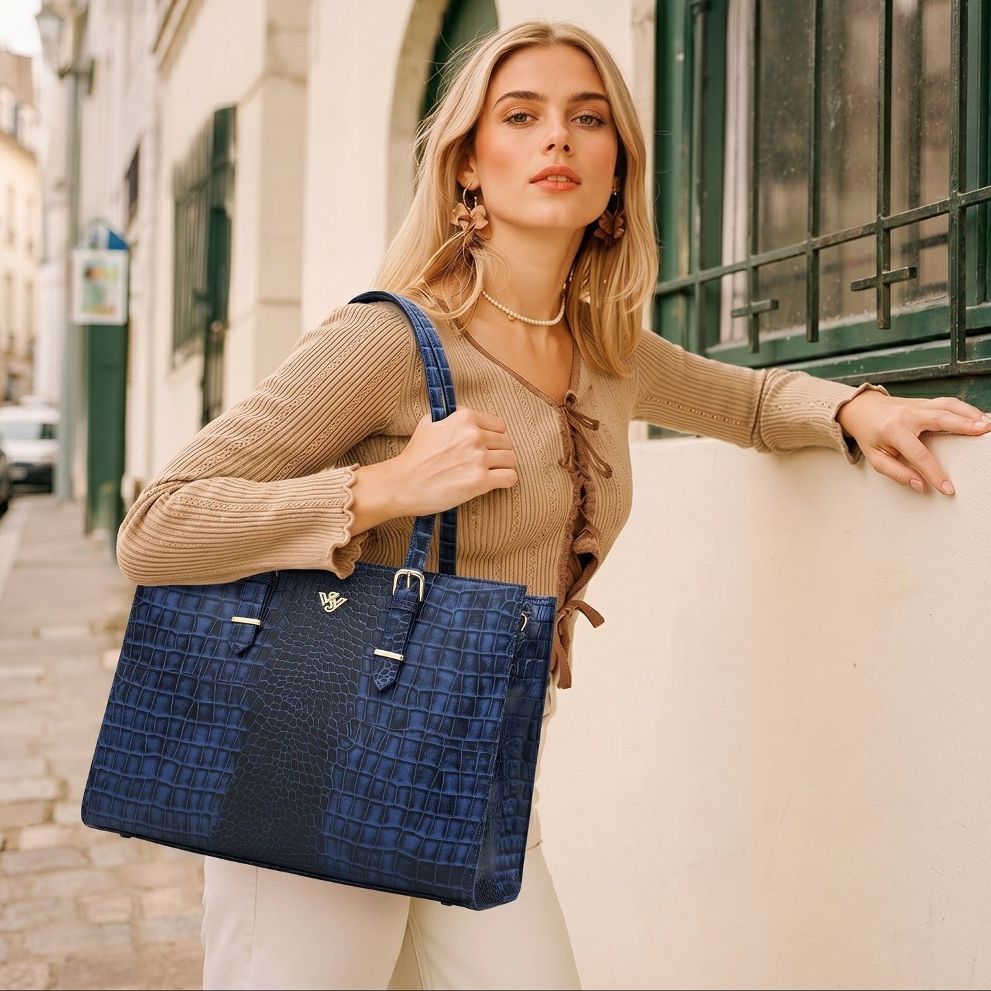 Sienna Elite Croc Hand-Burnished Leather Women Laptop Tote model hanging with top handel Steel Blue