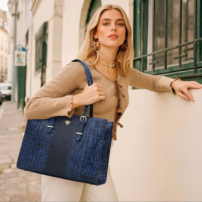 Sienna Elite Croc Hand-Burnished Leather Women Laptop Tote model hanging with top handel Steel Blue