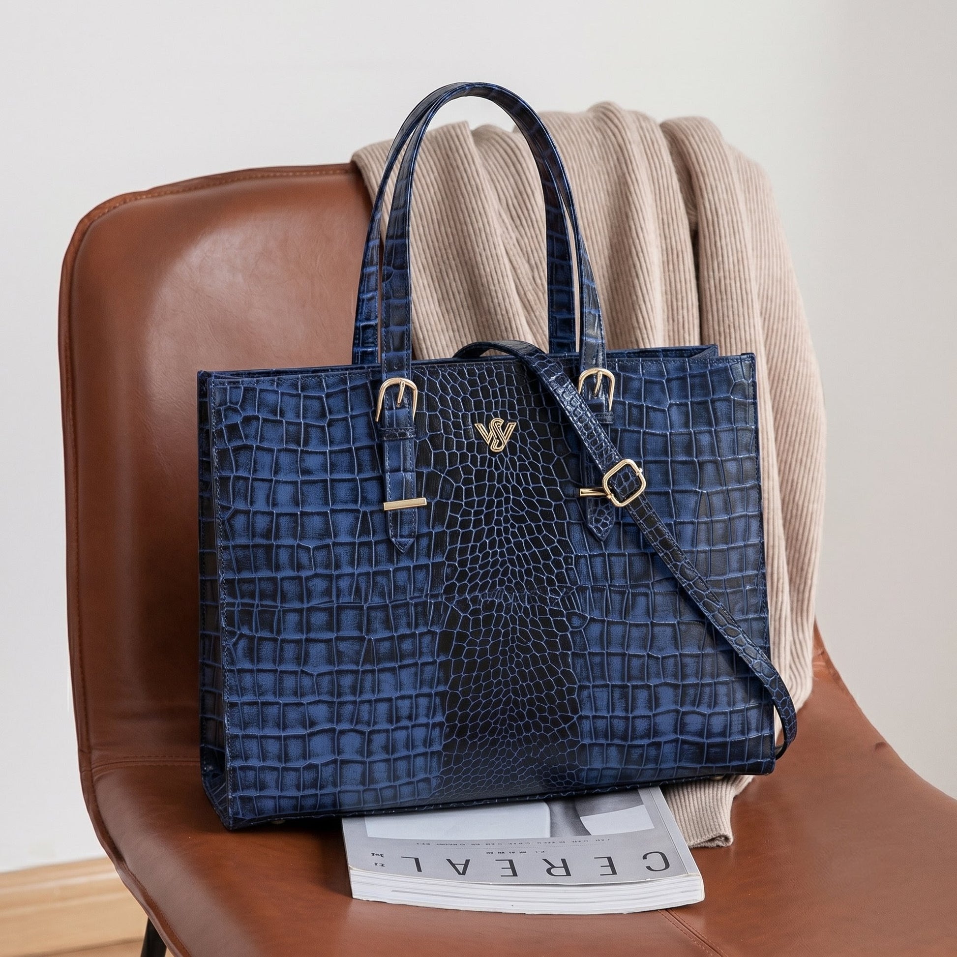Sienna Elite Croc Hand-Burnished Leather Women Laptop Tote placed on chiar Steel Blue