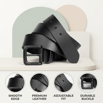 Slate Full Grain Leather Belt for Men with Matte Black Buckle Infographic Black