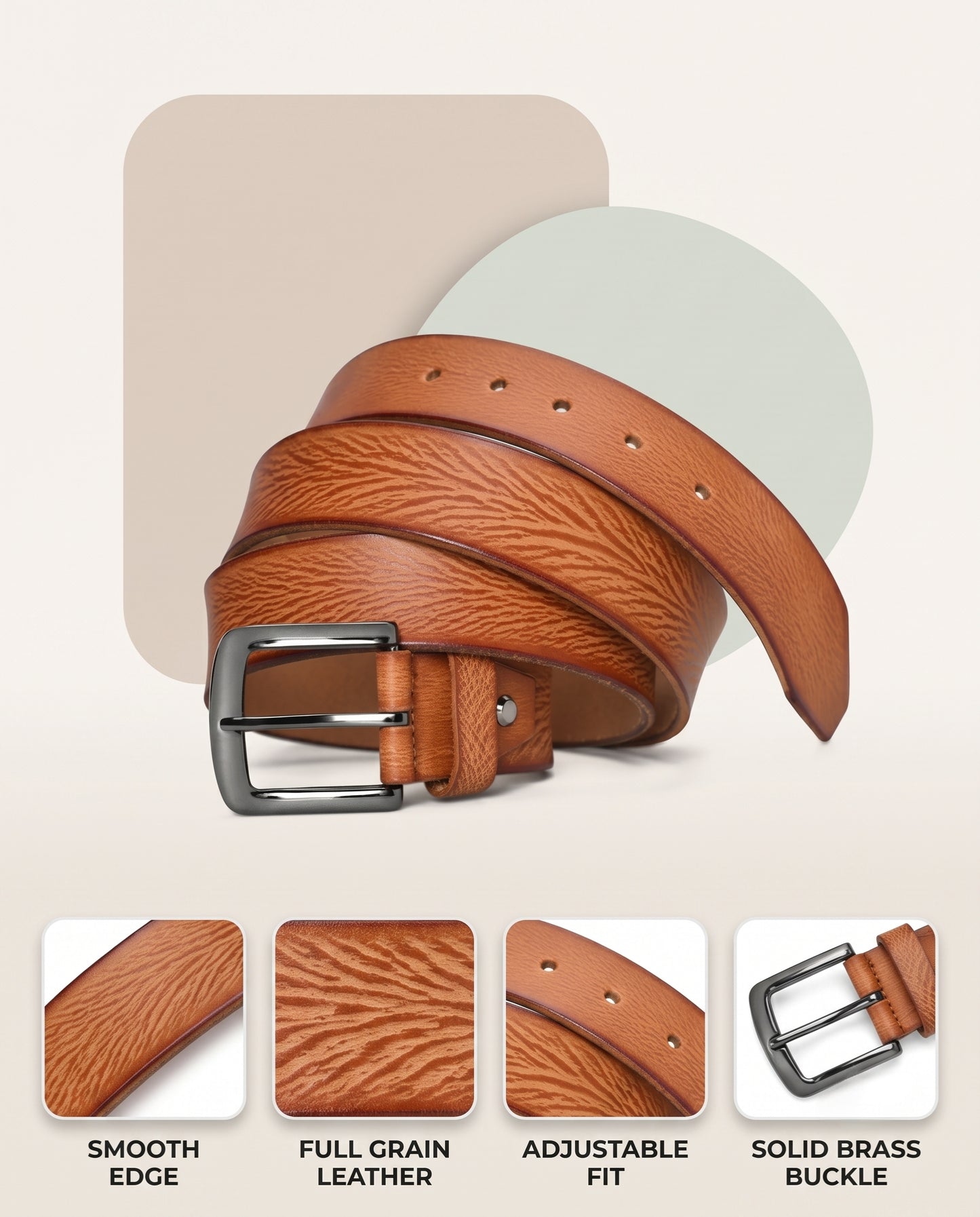 Tanner Men's Full Grain Leather Belt Hand-Finished Distressed Texture Infographic Cognac