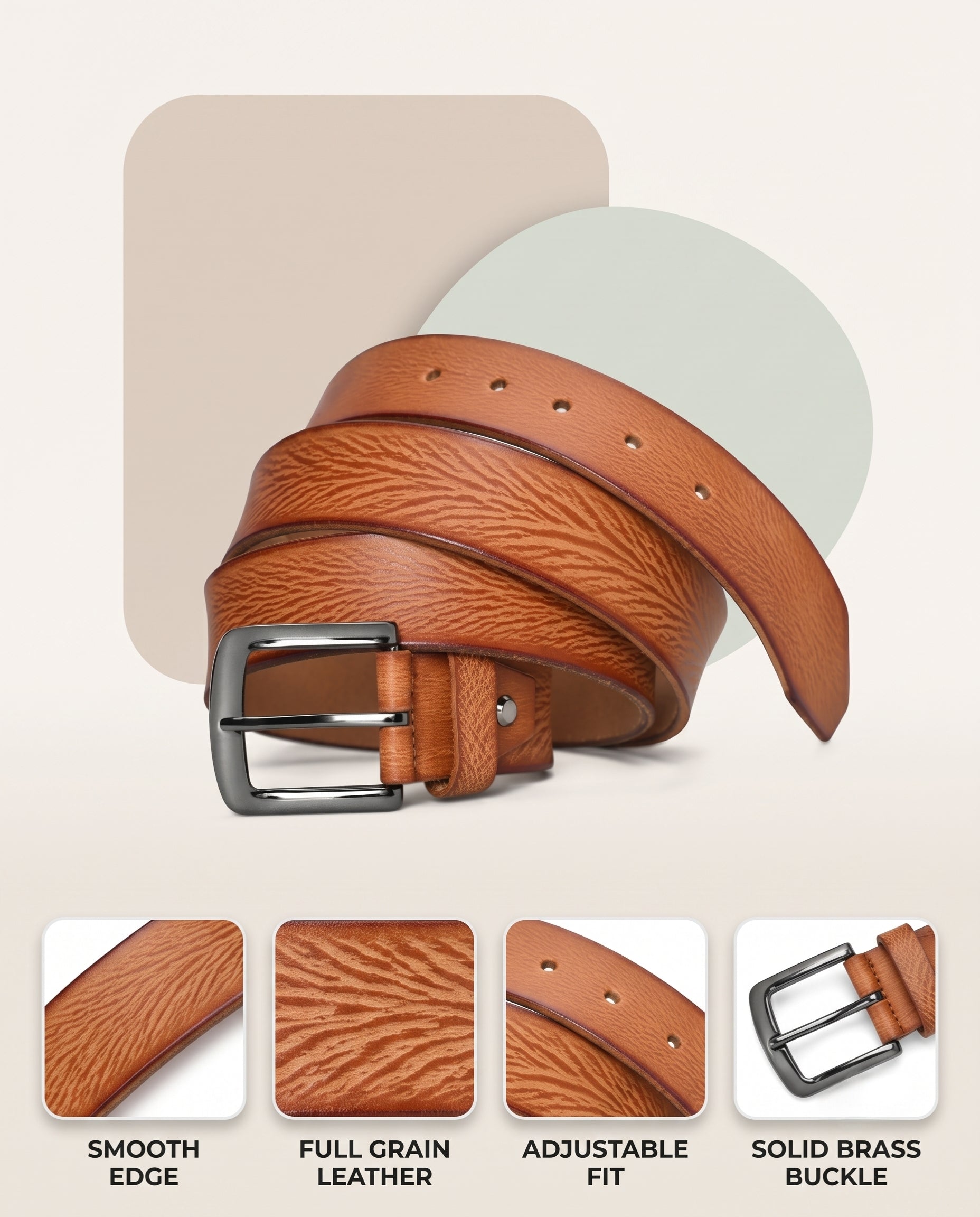 Tanner Men's Full Grain Leather Belt Hand-Finished Distressed Texture Infographic Cognac