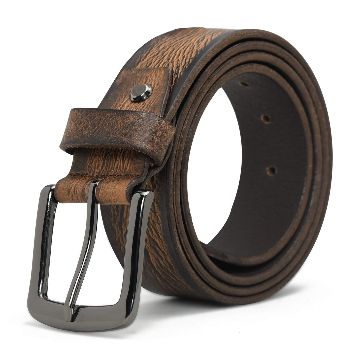 Tanner Mens Full Grain Leather Belt Hand-Finished Distressed Texture Black Nickel Dark Brown